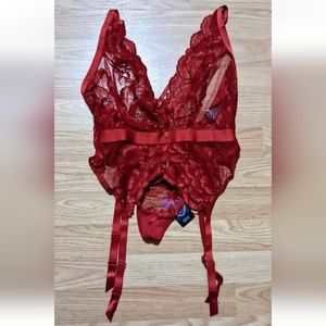 FINAL PRICE Lovehoney Lingerie Red Bustier Set One Size 4-12 Lace Tiger Lily